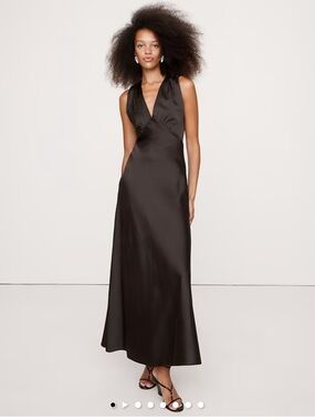 Elegant V-Neck Satin Maxi Dress in ganache brown